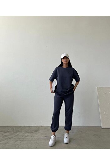 DUBU BUTİK Movement Baskılı T-shirt Eşofman Altı Jogger- Antrasit Alt Üst Takım Oversize Bisiklet Yaka
