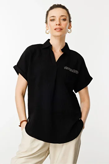 Desen Triko Women's Polo Neck Low Sleeve Shirt Black
