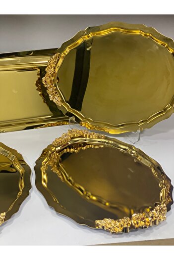 SEVA ÇELİK Gold Color 3 Pieces Oval 3 Pieces Rectangular Handle Model Service and Presentation Tray