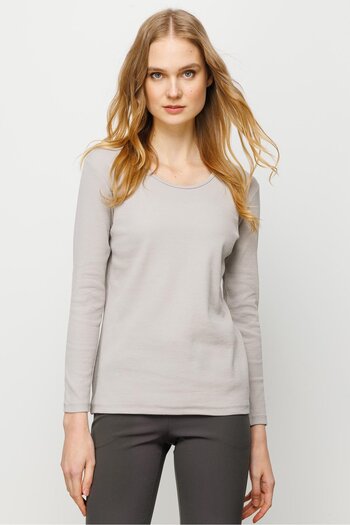 Desen Triko Women's Crew Neck Long Sleeve Basic Cotton Blouse Stone