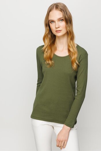 Desen Triko Women's Crew Neck Long Sleeve Basic Cotton Blouse Khaki