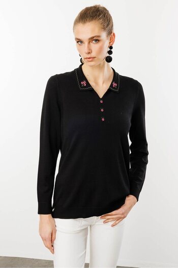 Desen Triko Women's Polo Neck Collar Embroidered Summer Knitwear Blouse Black