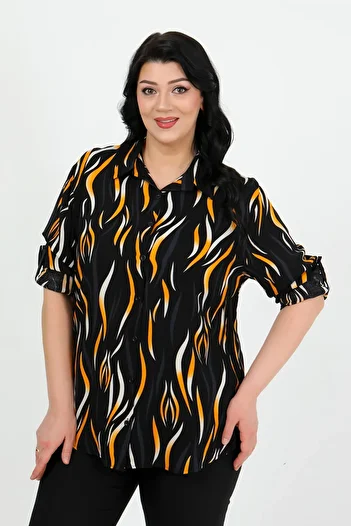By Alba Collection Women's Brick Patterned Cotton Viscose Large Size Shirt
