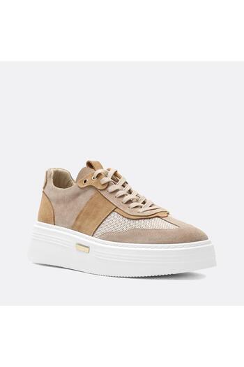 Celal Gültekin Ανδρικό δερμάτινο sneaker με χοντρή σόλα με κορδόνια σε μπεζ χρώμα