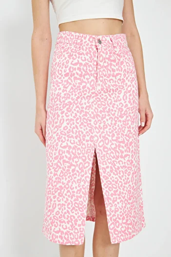 comstar Women's High Waist Slit Leopard Pattern Pink Denim Skirt