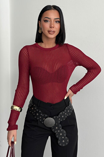 Bipantolon Women's Burgundy Crew Neck Stripe Detailed Premium Transparent Blouse