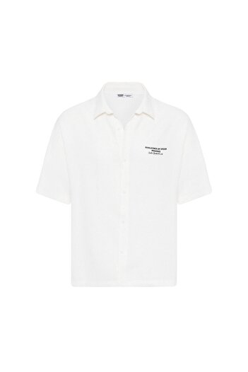 VAMOSCLO Oversize Short Sleeve Printed Washed Ecru Shirt