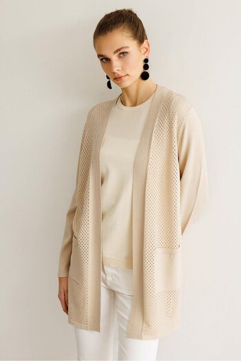 Desen Triko Perforated Araboy Knitwear - Cardigan Beige