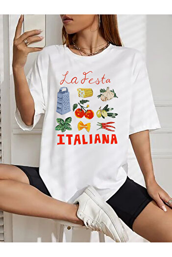 SUNFREE Popular Trend Italiana Printed White Loose Cut Women's Tshirt