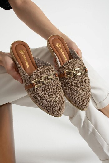 AlbiShoes Women's Chain Slippers Closed Front Straw Lace Knitted Casual Sandals Slippers Summer Slippers