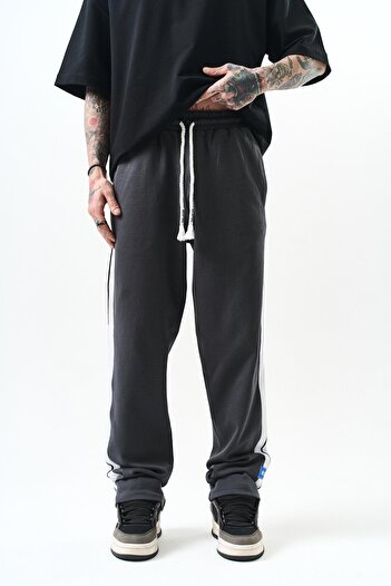 Respire Men's Stripe Detailed Interlock Baggy Sweatpants Smoked