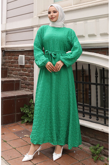 sefamerve Seersucker Fabric Sleeve Elastic Belted Dress 2020-05 Green