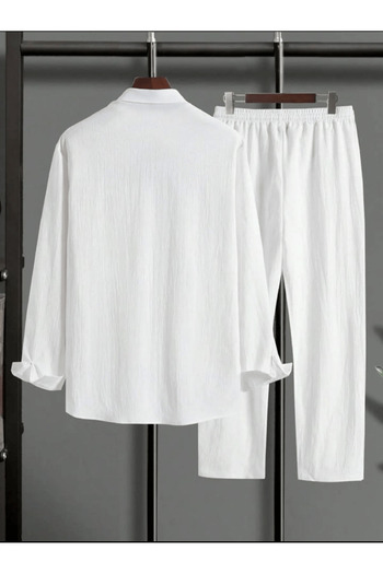 Baycombine35 Women's Men's Summer Linen Crinkle Fabric Long Sleeve Shirt 2 Piece Wrap Set