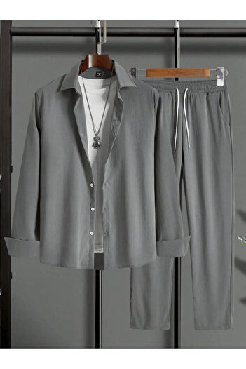 Baycombine35 Women's Men's Summer Linen Crinkle Fabric Long Sleeve Shirt 2 Piece Wrap Set