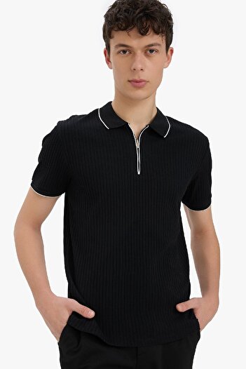 DeFacto Slim Fit Slim Fit Short Sleeve Ribbed Camisole Half Zip Black Polo T-Shirt D3948Ax25Sm