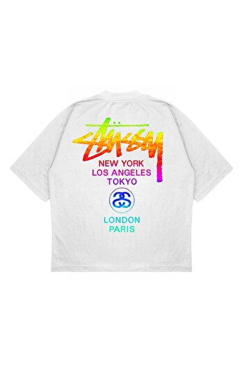 TRAGEDY Unisex Oversize Stussy Rainbow Cities με στάμπα Boxy Fit Μπλουζάκι από χοντρό ύφασμα