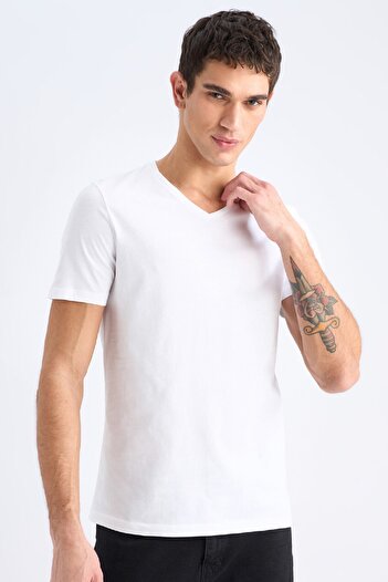 DeFacto 100% Cotton Slim Fit Slim Fit V-Neck Basic Plain Short Sleeve White T-Shirt M7668Az25Sp