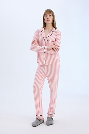 DeFacto Pyjama-Set, gestreift, langärmelig, elastische Taille, langer Boden, Fall In Love D6845ax25sp