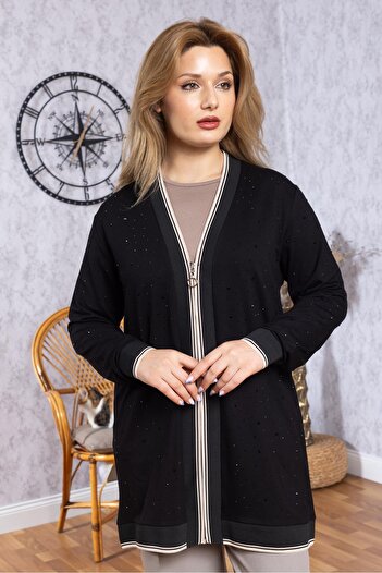 Mutlu City Taş İşlemeli Kadın Orta Yaş Fermuarlı Anne Penye Hırka 30263