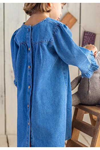 Cigit Back Buttoned Denim Dress 2-7 Years Blue