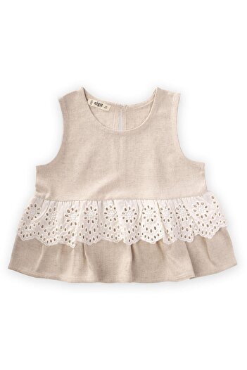 Cigit Waist Drum Lace Linen Blouse 2-7 Years Natural
