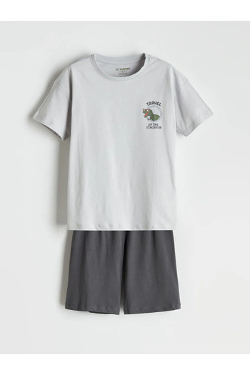 LC Waikiki LCW Kids Gri Crewneck Dinozaur Imprimat Băieți Set de pijamale cu pantaloni scurți