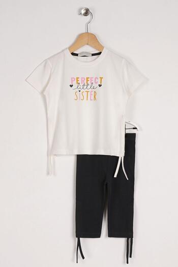 zepkids Crew Neck Short Sleeve Perfect Sister Printed Ecru Color Girl's Tights Set