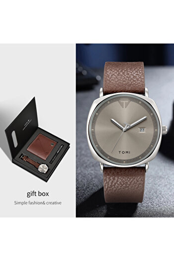 Choice Brown Silver TOMI 3PCS Simple Business Men Watch Wallet Gift Box Set High Quality Classic Versatile