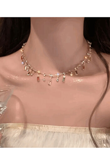 modares Colorful Stone Dangle Chain Necklace - Geometric Zircon Stone Necklace