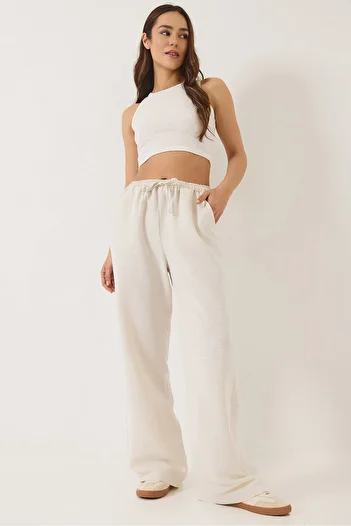 Bianco Lucci Damen Palazzo-Leinenhose mit elastischem Bund und Taschendetail 80182 60271083