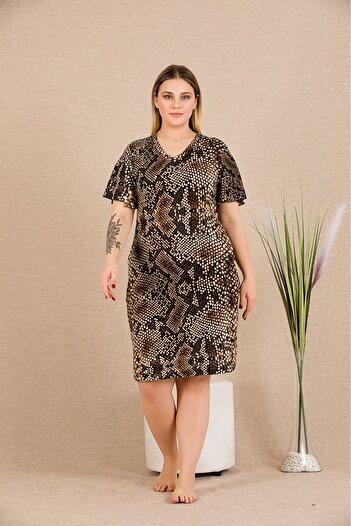 Lady Midi Length Short Sleeve Ruffled Sleeves Snake Print Tunic Dress