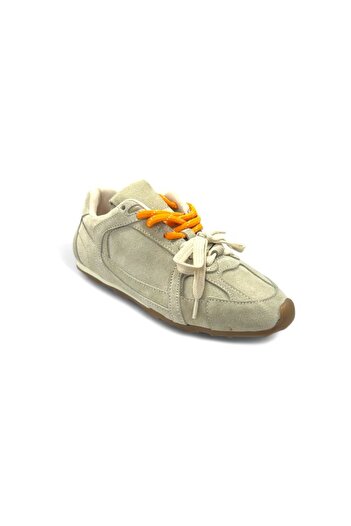 iskarpino Kadın Günlük Hakiki Deri Ortopedik Rahat Tabanlı Çift Renk Bağcıklı Bej Sneaker Süet Spor Ayakkabı