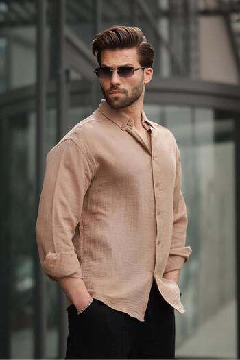 Madmext Camel Basic 100% Cotton Long Sleeve Men's Shirt E6761