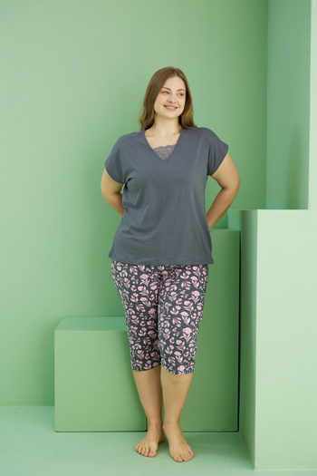 Siyah İnci Smoked Patterned Curve Large Size Oversize Cotton Capri Suit 25112732
