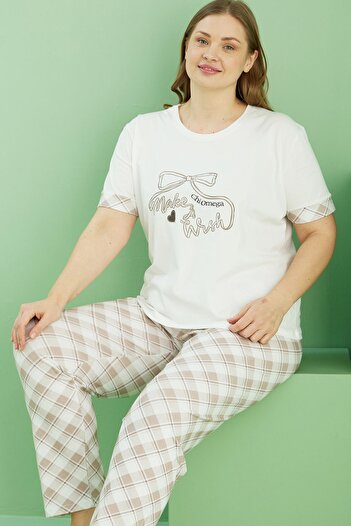 Siyah İnci Ecru Patterned Curve Plus Size Oversize Cotton Pajama Set 25113773
