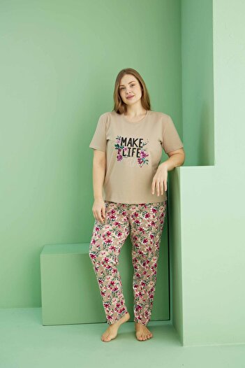 Siyah İnci Mink Patterned Curve Large Size Oversize Cotton Pajama Set 25113801