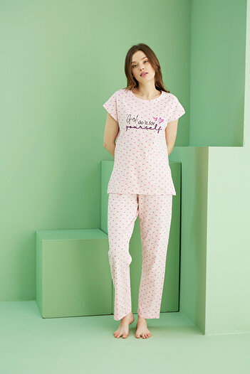 Siyah İnci Pink Patterned Cotton Crew Neck Knitted Pajama Set 25117081