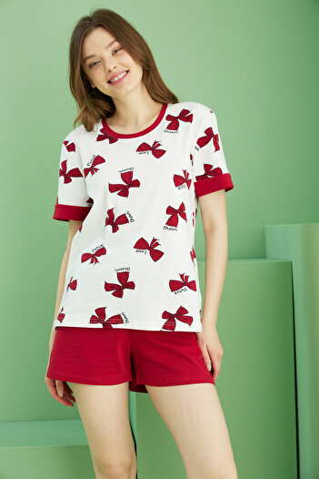 Siyah İnci Ecru Patterned Cotton Crew Neck Knitted Shorts Set 25115030