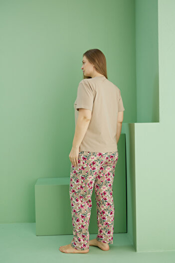 Siyah İnci vizon desenli Curve Büyük Beden Battal Boy Pamuklu Pijama Takım25113801