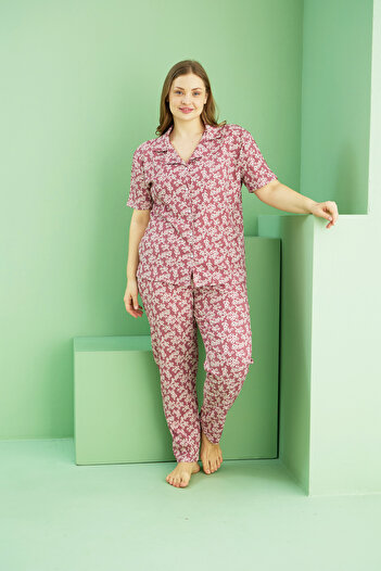 Siyah İnci Dried Rose Pattern Spider Pajamas Large Size Set