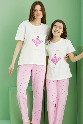 Siyah İnci Ecru Patterned Cotton Crew Neck Knitted Pajama Set 25117085
