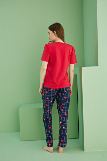 Siyah İnci kırmızı desenli Pamuklu Bisiklet Yaka Örme Pijama Takım25117074