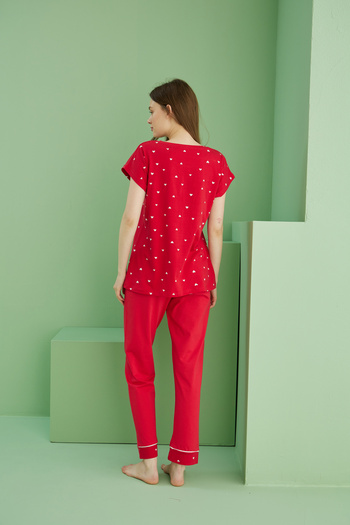 Siyah İnci kırmızı desenli Pamuklu Bisiklet Yaka Örme Pijama Takım25117062