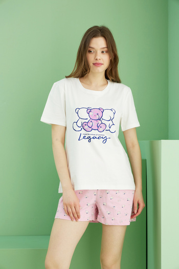 Siyah İnci Ecru Patterned Cotton Crew Neck Knitted Shorts Set 25115025