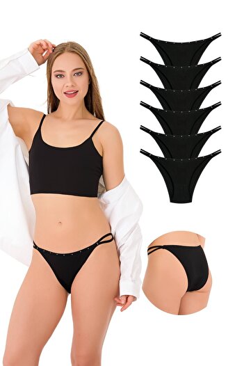Newlilla Pack of 1025 Double Thread-Stone Detailed Bikini Panties of 6