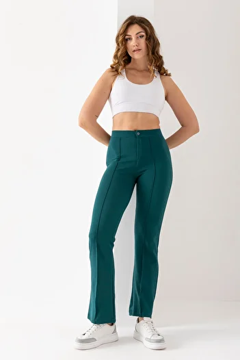 EtkiModa Women's Petrol Green Front Stripe Detailed Spanish Leg Crepe Trousers