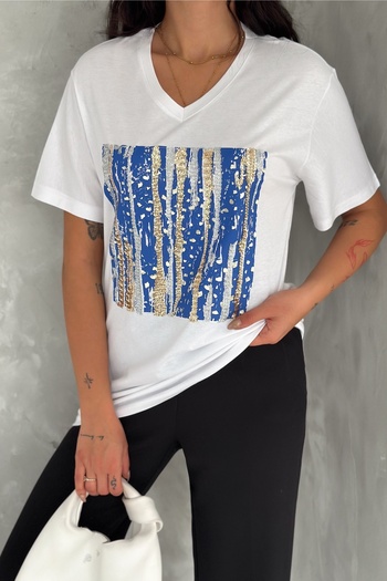 FEMELLE Women's White V-Neck Plus Size Sequin Sequin Embroidered 100% Cotton T-Shirt