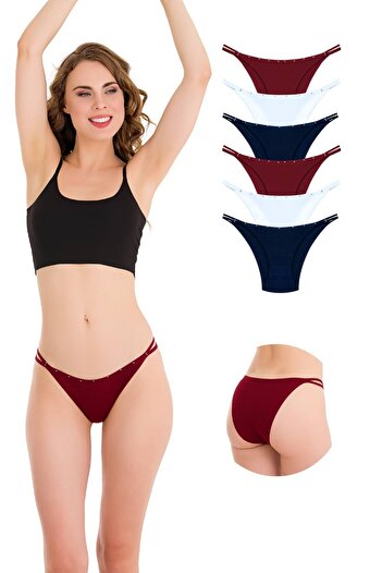 Newlilla Pack of 1025 Double Thread-Stone Detailed Bikini Panties of 6