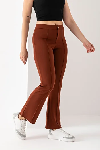 EtkiModa Women's Mokka Front Stripe Detailed Flared Crepe Trousers
