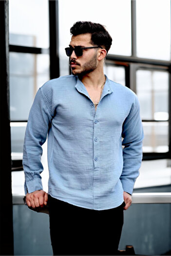Valiberta Lightweight and Breathable Men's Muslin Half Placket Judge Collar Oversize Shirt - Cold Blue